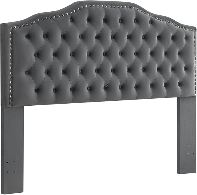 24KF Upholstered Button Tufted Queen/Full Size Headboard with Nailhead Trim, Soft Velvet Fabric - Dark Gray-CasaMuseHome