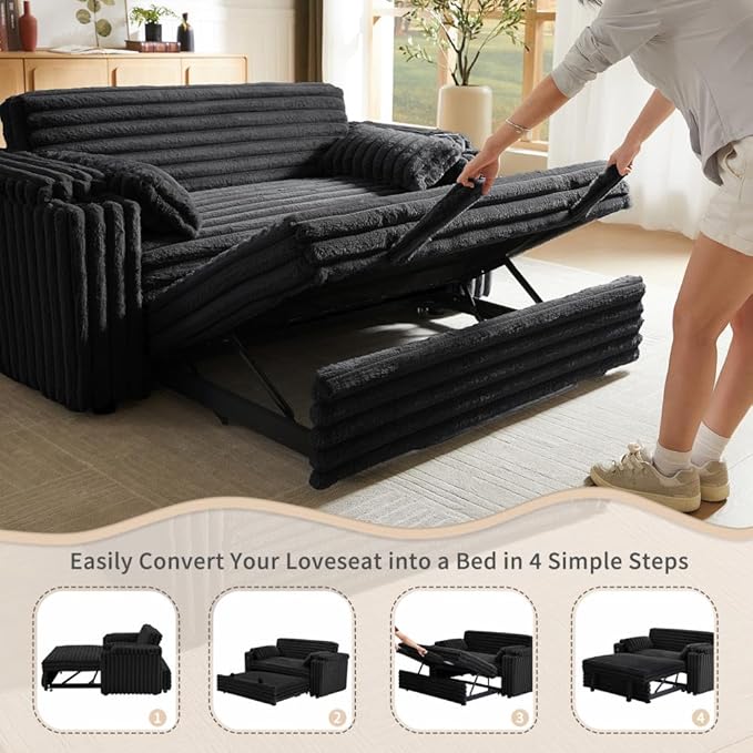 68.11" Corduroy Convertible Sofa Bed with USB Charging Port, Foldable Sleeper Chair with Pillows & Armrests, 3-in-1 Floor Couch for Living Room, Bedroom, Guest Room – Black-CasaMuseHome