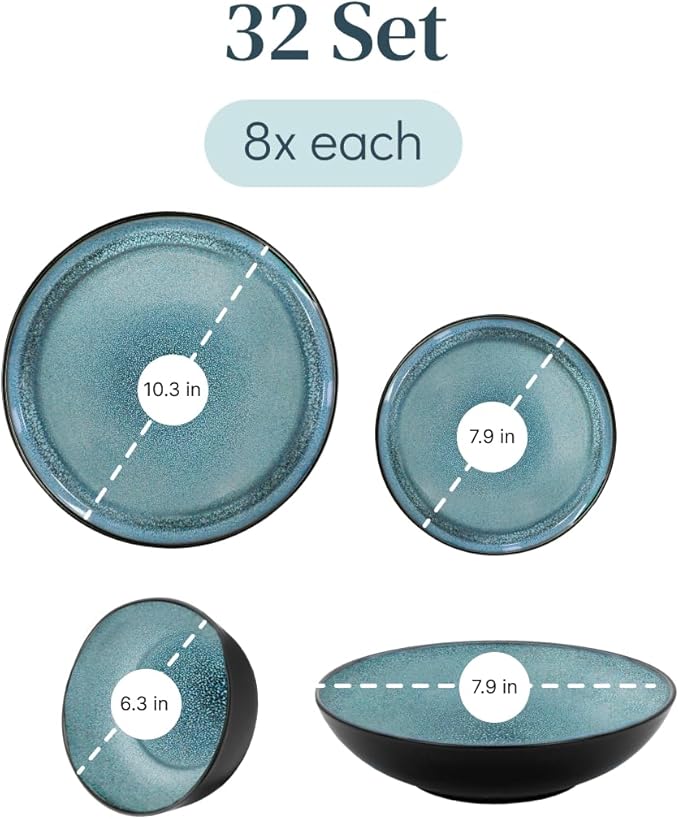 32 Piece Dinnerware Sets for 8 - Modern Style Stoneware Dinnerware Set - Scratch Resistant, Dishwasher Safe Plates and Bowls Sets Ceramic, Dish Set, Bowl and Plate Set - Black and Petrol Blue…-CasaMuseHome