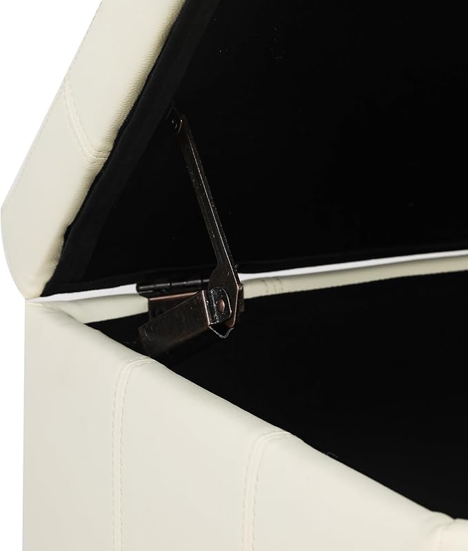 Adeco Faux Leather Storage Ottoman with Hinged Lid, 17.5 Inch High Cream White Square Cube Foot Stool with Storage, Upholstered Vanity Stool with Solid Wood Legs for Living Room, Bedroom, Dorm-CasaMuseHome