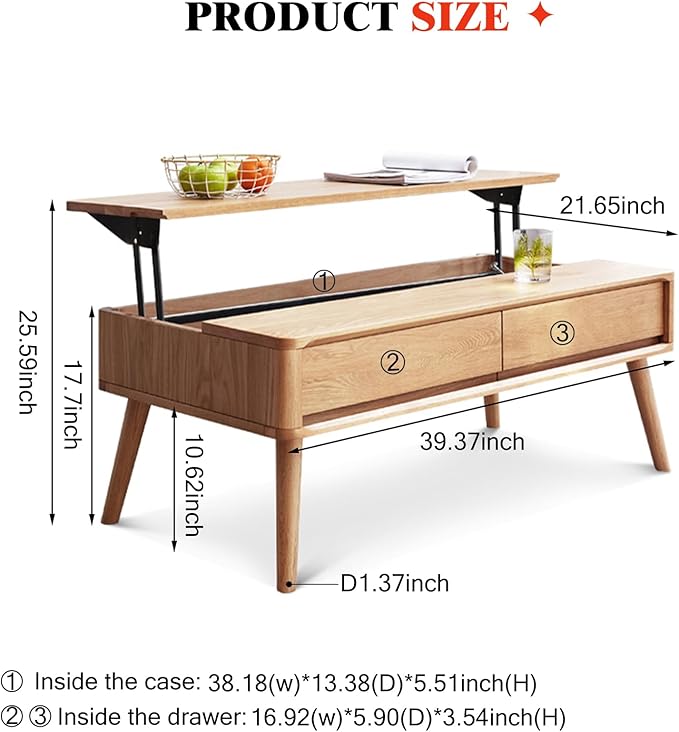 100% Solid Wood Lift Top Coffee Table for Living Room, Mid Century Modern Tables with Drawers and Large Storage, Oak Coffee Tables for Small Spaces (Oak Wood Log, 39.37" W x 21.65" D x 25.59" H)-CasaMuseHome