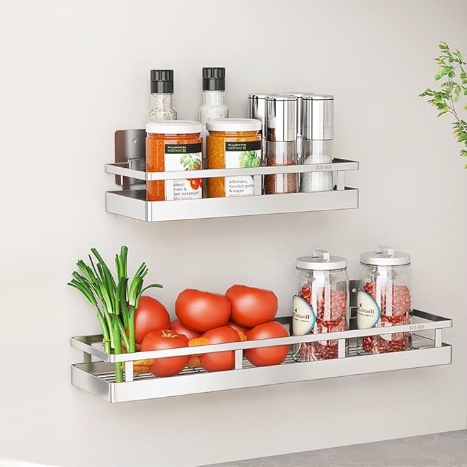 19.69Inch Spice Rack Organizer, SUS304 Stainless Steel Wall Mount Spice Rack Storage Basket, Kitchen Racks, Nail-Free Installation-CasaMuseHome