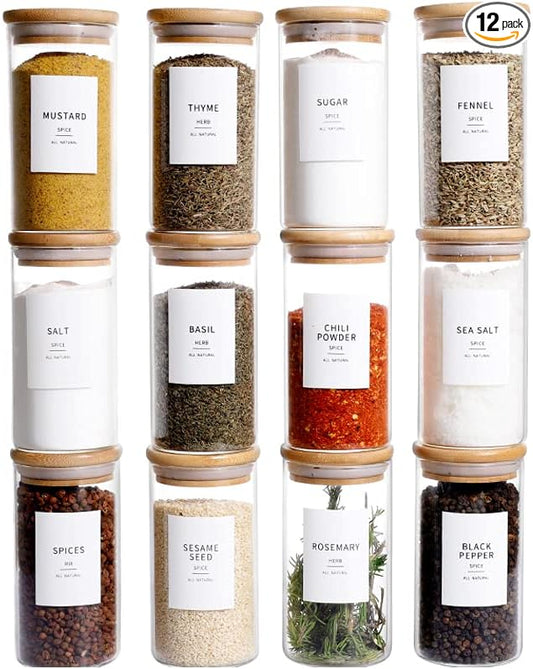 12 Pcs Glass Spice Jars With Bamboo Airtight Lids, 10oz Thicken(2.4mm) Spice Containers With 148 Minimalist Preprinted Waterproof Spice Labels, Kitchen Empty Small Storage Jars For Seasoning, Herb-CasaMuseHome