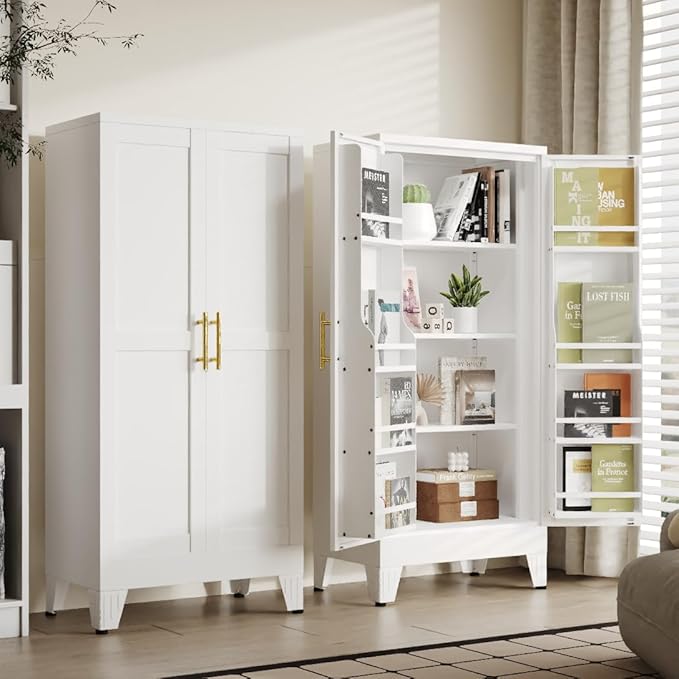 51" Kitchen Pantry Cabinet, Metal Storage Cabinet with 3 Adjustable Layer Shelves, 8 Door Shelves, Buffet Sideboard for Living Room, Kitchen, White-CasaMuseHome