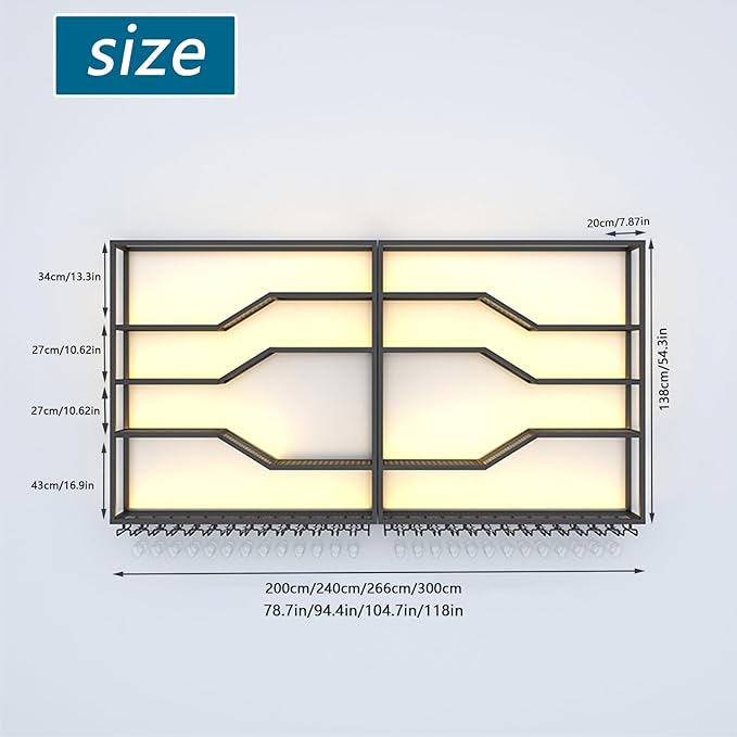 78.8in Wall Mounted Wine Rack with LED Light, 5-Tiers Liquor Bottles Display Shelf with Glasses Holder, Metal Home Bar Shelves with Industrial Iron Frame for Kitchen(Black, 78.8in/6.56ft)-CasaMuseHome