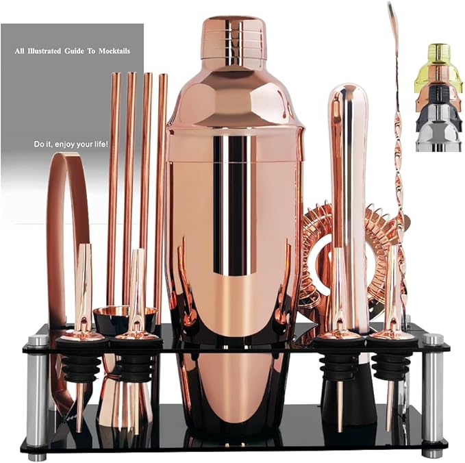 14-Piece Cocktail Shaker Set Bartender Kit with Black Stand, Bar Tool Set for Drink Mixing Bartending Kit Bar Sets Accessories: 750ml(25oz) Shaker, Jigger, Muddler, Cocktail Recipes (Rose Gold)-CasaMuseHome