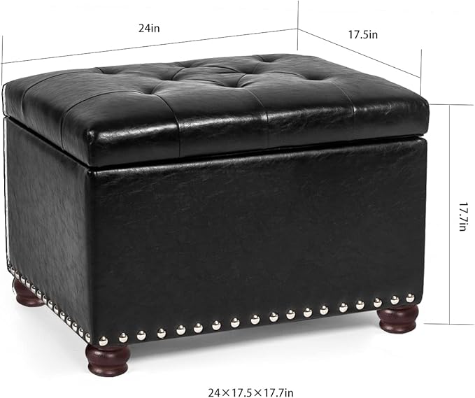 24'' Leather Storage Ottoman Rectangular Foot Rest Stool with Nailhead Trim Toy Chests & Storage Room Organizer for Bedroom Living Room(Black)-CasaMuseHome