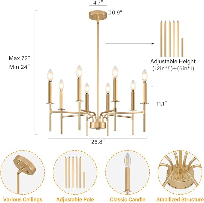 8 Light Gold Chandelier Light Fixture, Modern Farmhouse Chandeliers for Dining Room Light Fixture, Metal Candle Pendant Chandelier for Foyer Entryway Stairs Living Room Bedroom Kitchen-CasaMuseHome