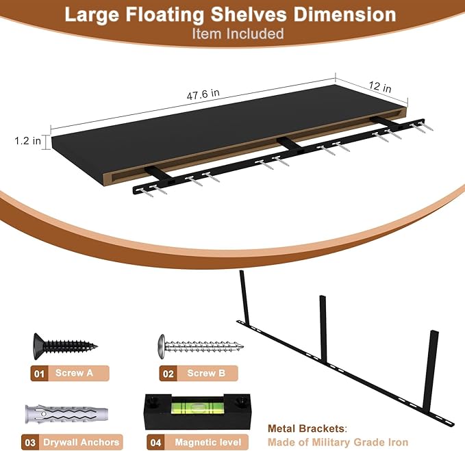 48 Inch Floating Shelf 1 Pack Large Floating Shelves for Wall No Drilling Accessories Included Deep Wall Shelves for Living Room Kitchen Farmhouse 48" W x 12" D x 1.2" Black-CasaMuseHome