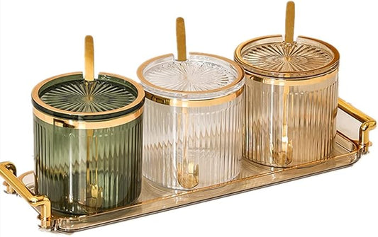 Acrylic Condiment Spice Jars,Condiment Spice Box With Lids and Spoons and Tray,Clear Plastic Sugar Salt Canisters,Seasoning Box 3 Pack,Seasoning Box Set for Kitchen to Storage Salt,Paprika,Sugar-CasaMuseHome