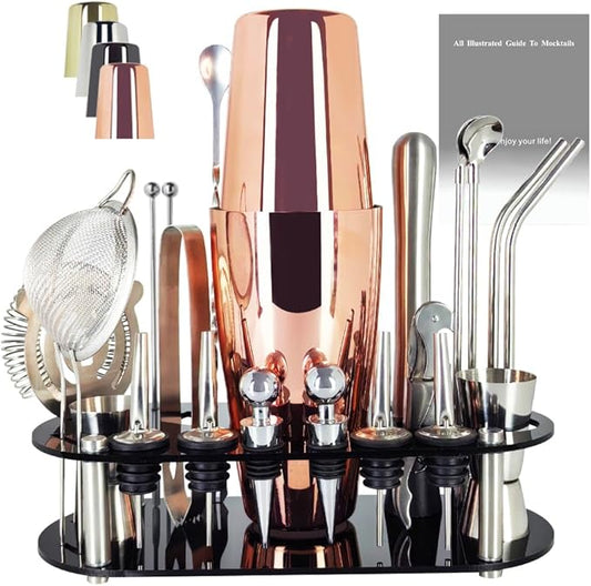 22-Piece Cocktail Shaker Set, 25/20oz Bartender Kit, Bartending Stainless Steel Bar Tools Sets for Drink Mixing, Boston Cocktail Shakers with Stand Recipes Booklet (Rose Gold-25-20oz)-CasaMuseHome