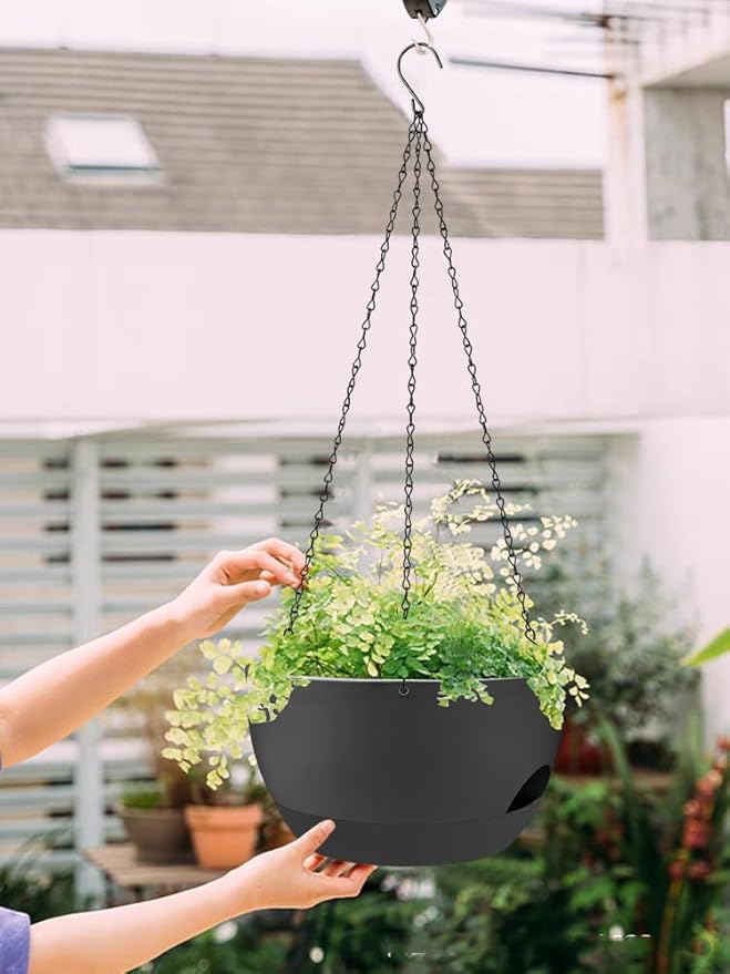2 Pack Hanging Planters for Indoor Outdoor Plants, 12 Inch Self Watering Hanging Pot with Drainage Holes and Saucer, Plastic Plant Pots, Black Flower Pots for Kitchen, Balcony, Garden-CasaMuseHome
