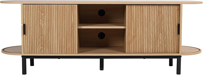 62" Tambour Door TV Stand,Wood Mid Century Modern TV Cabinet for Up to 75“ TV,Curved Edge Long TV Stand with Storage for Bedroom Living Room (Natural, 62.2inch)-CasaMuseHome