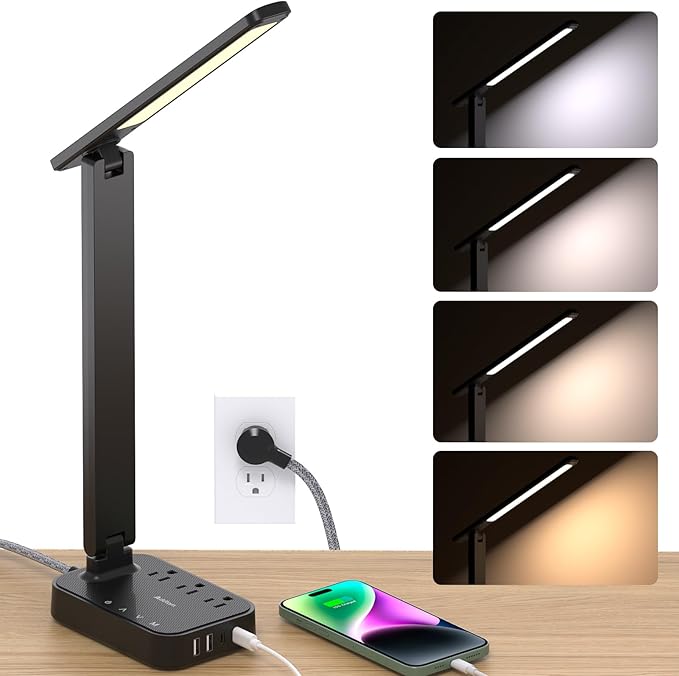Addtam LED Desk Lamp, Power Strip with 3 Outlets 4 USB Charging Ports(2 USBC), 4 Modes 5 Level Brightness Touch Lamp, Small Desk Lamp for Home Office College Dorm Room Essentials-CasaMuseHome