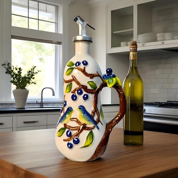 18.26oz/540ml Ceramics Olive Oil Dispenser Bottle,Hand Painted Reliefs Oil Dispenser for Kitchen,Oil Bottles for Kitchen (Blueberry)-CasaMuseHome