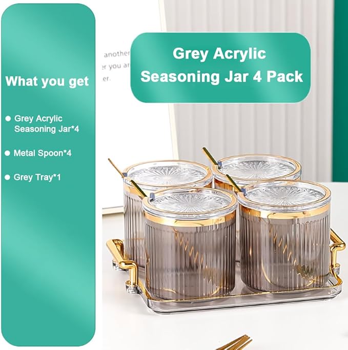Acrylic Condiment Spice Jars,Condiment Spice Box With Lids and Spoons and Tray,Clear Plastic Condiment Canisters,Seasoning Box 4 Pack,Seasoning Box Set for Kitchen to Storage Salt,Paprika,Sugar-CasaMuseHome