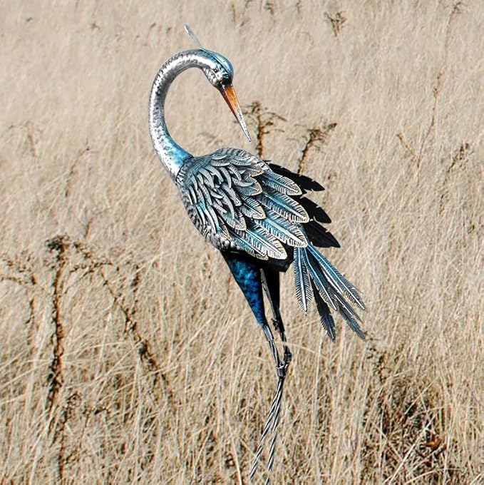 37 Inch Blue Heron Crane Statue, Metal Yard Art Outdoor Decoy, Garden Sculpture for Lawn/Pond Decoration, 1Pc, ORTBL-CR24053A-18-CasaMuseHome