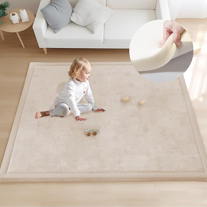 ACOMOPACK Baby Play Mat for Floor 1.3" Thick Memory Foam 50x50 Soft Velvet Playpen Mat for Kids,Infants,Toddlers,Tummy Time Crawling Mats with Non-Slip Bottom,Yoga,Tatami,Nursery Rug（Beige）-CasaMuseHome