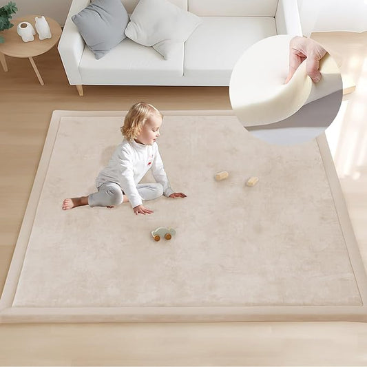 ACOMOPACK Baby Play Mat for Floor 1.3" Thick Memory Foam 50x50 Soft Velvet Playpen Mat for Kids,Infants,Toddlers,Tummy Time Crawling Mats with Non-Slip Bottom,Yoga,Tatami,Nursery Rug（Beige）-CasaMuseHome