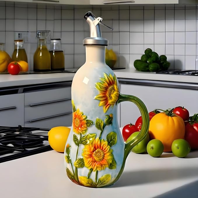 18 Oz Hand Painted Relief Ceramic Olive Oil Bottle Dispenser for Kitchen, Oil and Vinegar Bottle, Seasoning Bottle with Stainless Steel Nozzle, 540mL Oil Container with Handle for Cooking, Light Proof-CasaMuseHome