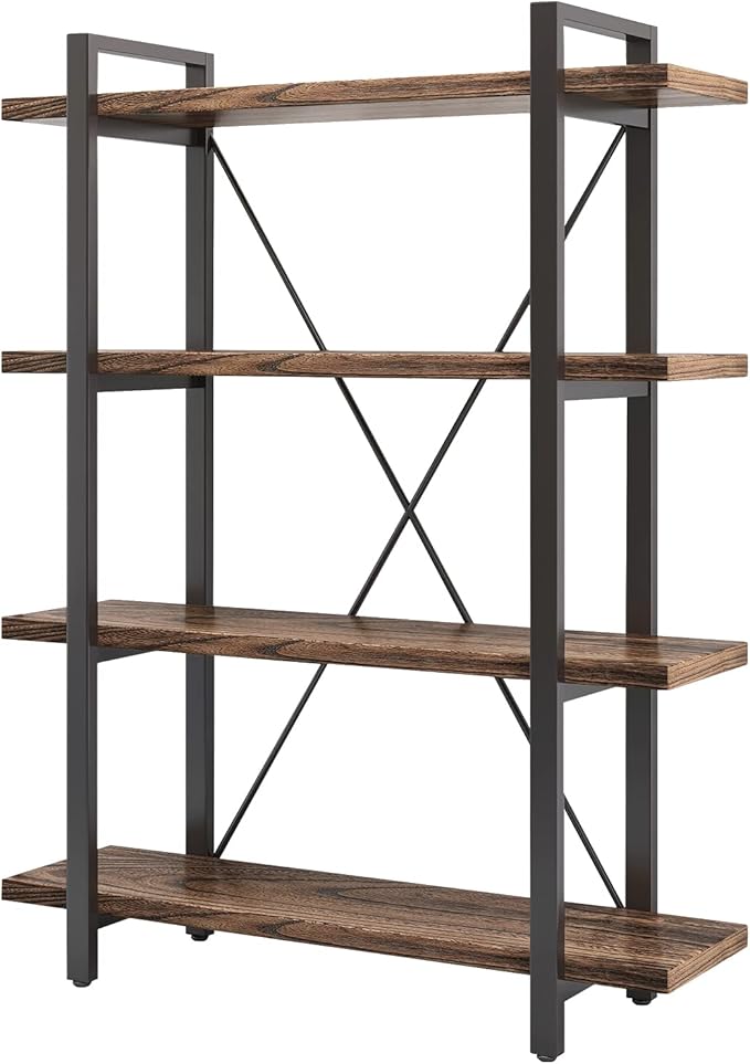 4 Tier Bookshelf Solid Wood Bookcase and Book Shelves Wood and Metal Shelving Rustic Open Bookshelf Office,Distressed Brown (AY-02-4Tier)-CasaMuseHome