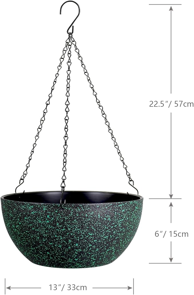 13inch Large Hanging Planters Pots for Outdoor Indoor Plants with Drainage Holes and Chain, 2pack Round Hanging Flower Pots for Garden Home Porch Decor, Black with Green Speckles-CasaMuseHome