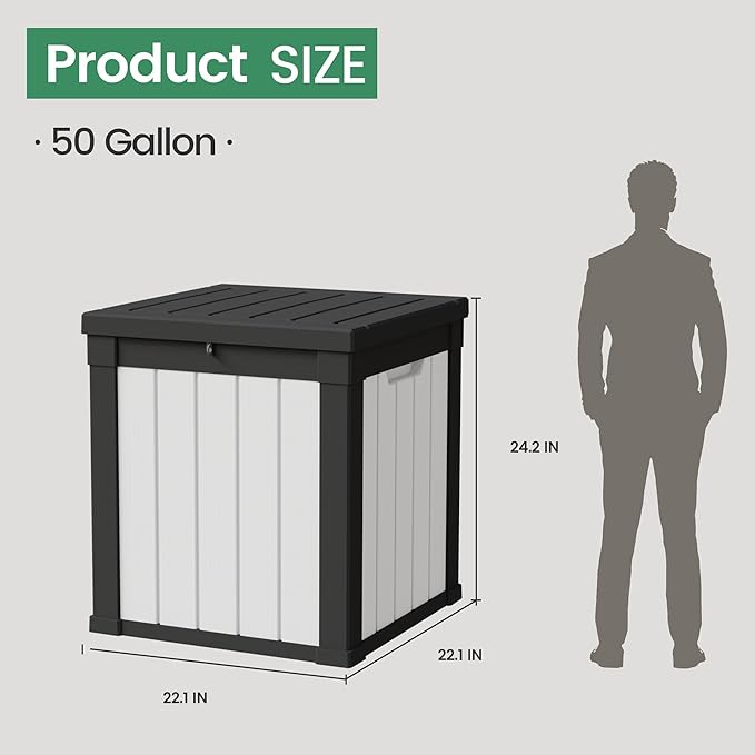 50 Gallon Storage Box, Waterproof Deck Box for Indoor & Outdoor Use, Lockable Pool Storage Bin for Package Delivery, Outdoor Bench for Patio Cushions, Garden Tools, Backyard, Black & White-CasaMuseHome