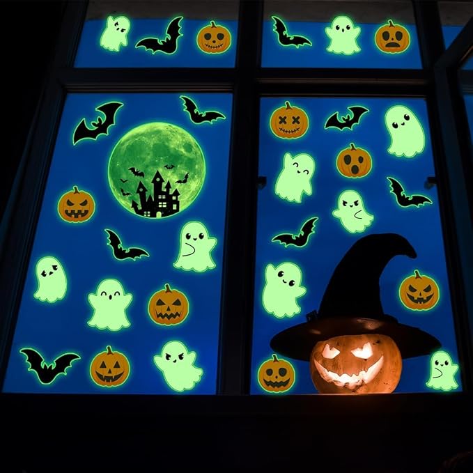 3 Sheets Glow in The Dark Halloween Window Clings Luminous Halloween Window Stickers Pumpkin Ghost Wall Decor Glowing Window Clings for Scary Halloween Theme Party Decorations-CasaMuseHome