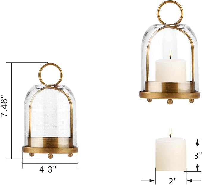 7.5" High Versatile Modern Metal Hurricane Lantern with Handmade Sturdy Glass Dome for 2" Pillar Candle & Plants (Brass, 4" x7.5)-CasaMuseHome