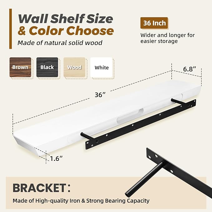 36"x6.8"x1.6" Slanted Floating Wall Shelves 2-Pack - Rustic White Finish, Heavy-Duty Solid Wood Design with Hidden Brackets - Perfect for Living Room, Kitchen, Bathroom, or Office-CasaMuseHome