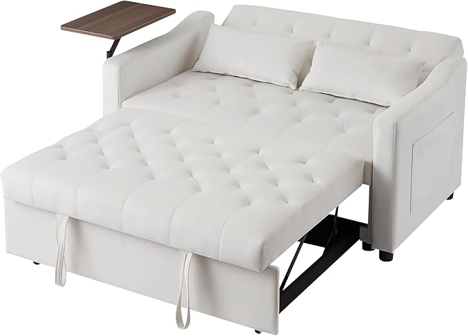 3-in-1 Convertible Sleeper Sofa Bed, Pullout Couch with 360° Swivel Side Table, Modern Chenille Fabric, Easy to Assemble, Folding Loveseat Sofa Bed for Living Room & Guest Room-CasaMuseHome