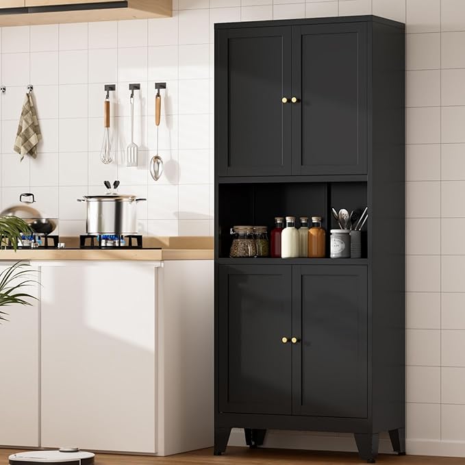69" Tall Kitchen Pantry Cabinet, Metal Storage Cabinet with 4 Doors and Adjustbale Shelves, Freestanding Cupboards for Dining Room, Living Room, Bathroom-CasaMuseHome