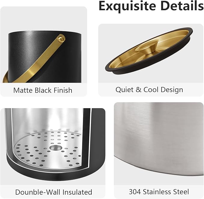 4L Ice Bucket with Silicone Lid, Scoop, Gold Tongs & Strainer, Stainless Steel Double Wall Insulated Ice Buckets for Parties & Cocktail Bar Outdoor Champagne Ice Container Bin, Black-CasaMuseHome