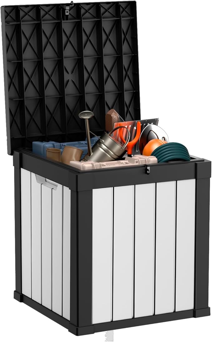 40 Gallon Resin Deck Box, Lockable Patio Outdoor Storage Box for Furniture, Garden Tools and Tools Storage, Waterproof Outside Storage Boxes - Black&White-CasaMuseHome