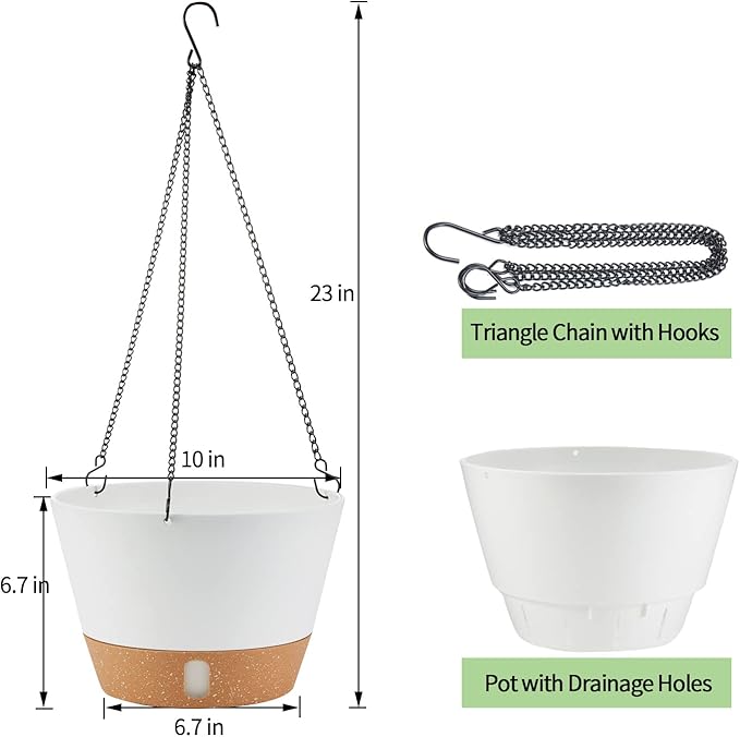 2 Pack 10 Inch Hanging Planters for Indoor Outdoor Plants, Hanging Plant Flower Pot Basket with Drainage Hole with Removable Tray&Hooks Self Watering Plant Pot for Hanging Plants, White-CasaMuseHome