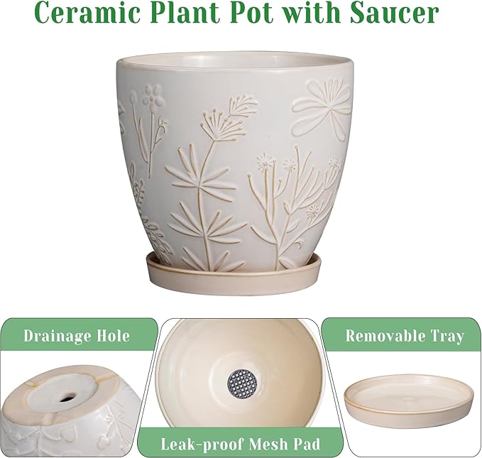 6.9 Inch Ceramic Plant Pot for Indoor Plants Outdoor Round Planter Flower Pot with Drainage Hole and Saucer for Home Garden Office Decor White-CasaMuseHome