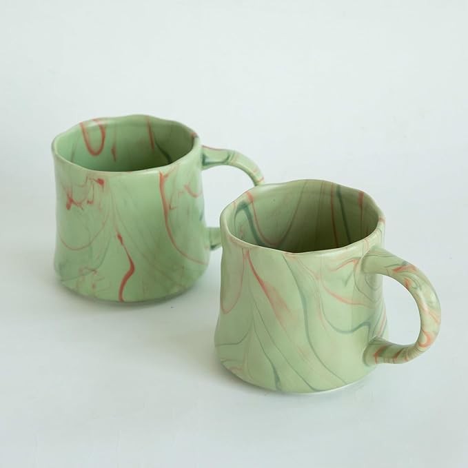 Abstract Art Ceramic Coffee Mugs Set - 2 Pack, Mint Green with Red and White Accents, Handcrafted Design for Modern Kitchen or Office-CasaMuseHome