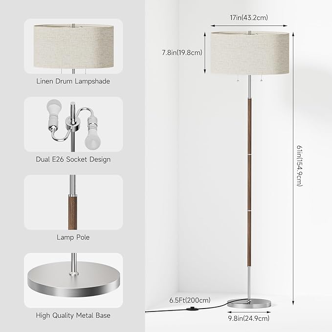 2-Light Floor Lamp, Mid Century Floor Lamp with Beige Lampshade, Standing Lamp Tall Lamp for Living Room Bedroom, 3 Color Temperatures 9W Bulb Include-CasaMuseHome