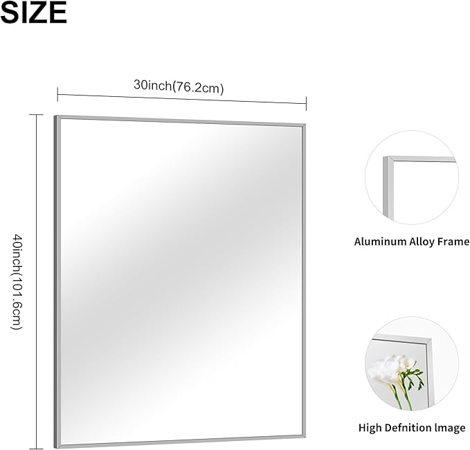 30x40In Silver Bathroom Mirror for Wall, Brushed Nickel Rectangle Mirrors with Metal Frame, Bathroom Rectangular Mirror Modern Wall Mirror for Bedroom Living Room, Hangs Horizontal or Vertical-CasaMuseHome
