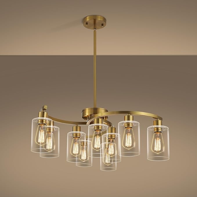 9-Light Gold Glass Chandelier, Adjustable Height Dining Room Light Fixtures Over Table, Contemporary Hanging Chandelier for Kitchen Island Living Room Foyer Office, Clear Glass Shade-CasaMuseHome
