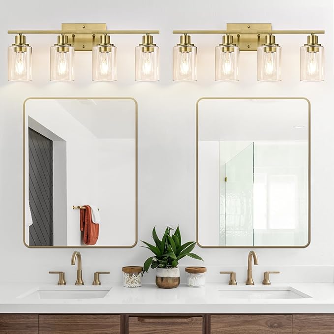 4 Light Bathroom Light Fixtures, Brass Vanity Lights for Bathroom with Clear Glass Shades, Modern Bathroom Wall Sconces for Mirror Living Room Cabinet-CasaMuseHome