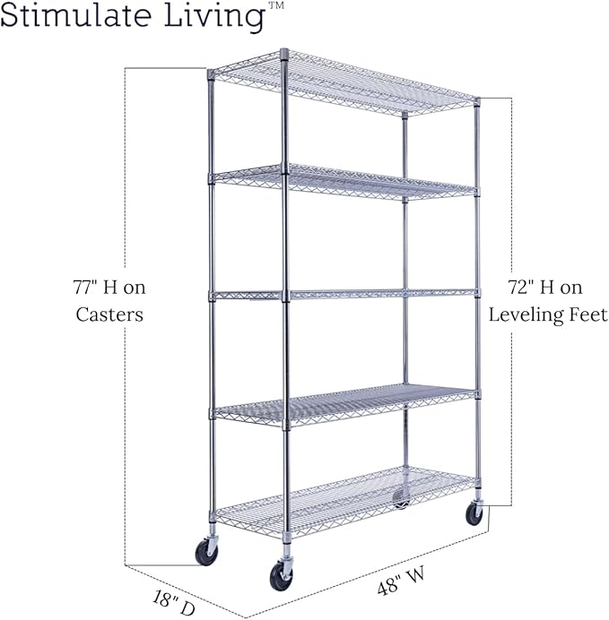 48"x18"x72" PRIME HEAVY DUTY Chrome 5-Tier Wire Shelving NSF 4000 LBS MAX Capacity Storage Rack for Commercial, School, Home, Garage, Warehouse, Industrial, and Hospital Uses (with Wheels)-CasaMuseHome