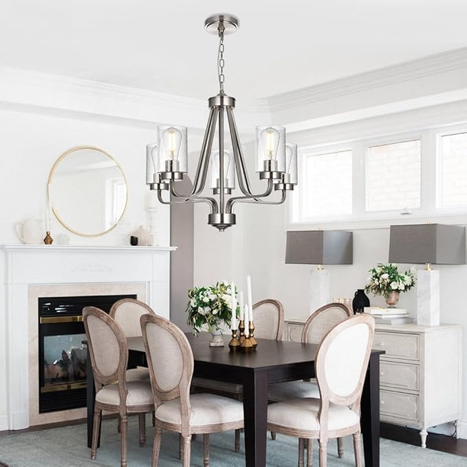 5-Lights Modern Pendant Light Fixtures, Wagon Wheel Dining Room Chandelier in Brushed Nickel, Hanging Ceiling Home Lighting for Foyer Kitchen Bedroom-CasaMuseHome