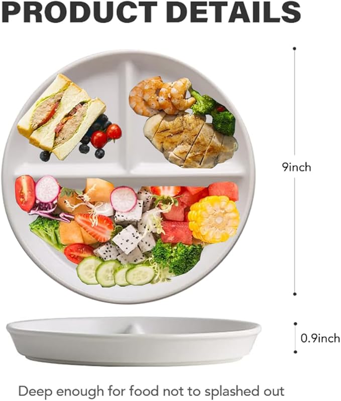 9" Unbreakable Divided Plates Set of 5, Wheat Straw Plate Reusable Dinnerware Portion Control Plates, Round Bariatric Plastic Plate for Kids Adults, BPA-free, Dishwasher Safe-CasaMuseHome