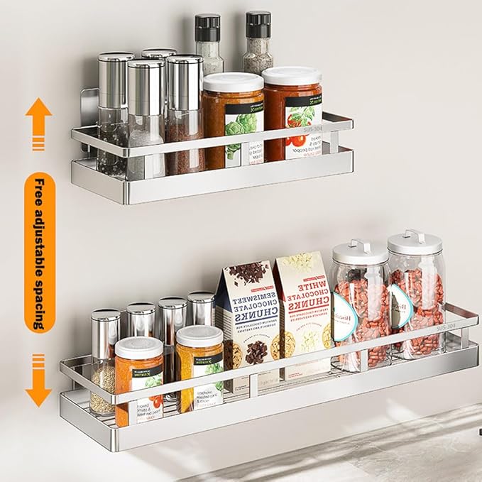 2PCS Kitchen Spice Rack, SUS304 Stainless steel Wall Mount Storage Rack, Seasoning Container, 11.8Inch Spice Organizer, Kitchen Seasoning Hanging Rack, Bathroom Shelf for Storing Toiletries-CasaMuseHome