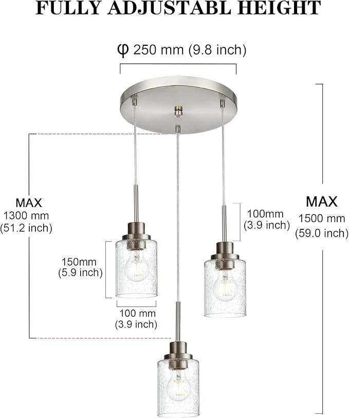 3-Light Contemporary Pendant Lighting with Clear Seeded Glass,Brushed Nickel Dining Room Chandelier Light Fixture Modern Kitchen Island Cluster Hanging Ceiling Pendant Lights for Sink Bar-CasaMuseHome