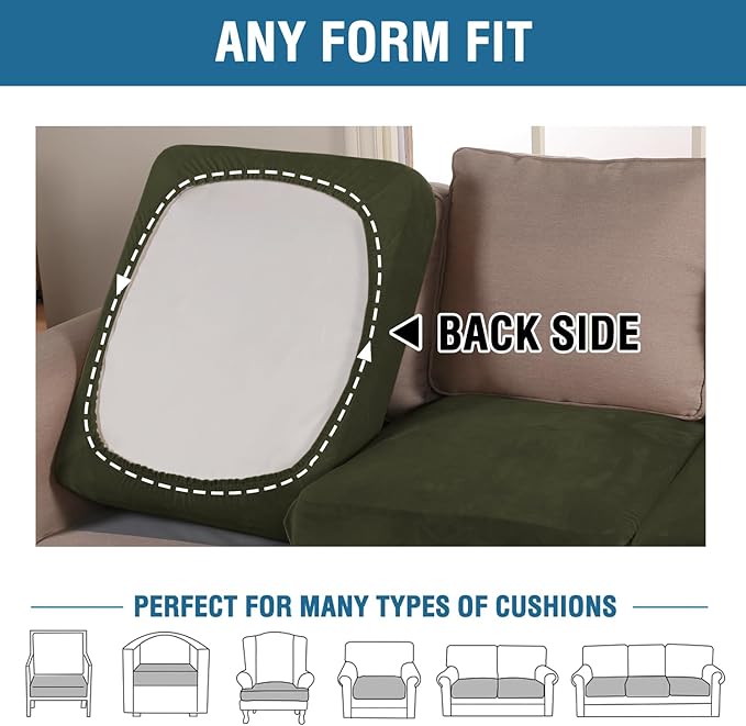 H.VERSAILTEX Velvet Stretch Couch Cushion Cover Plush Cushion Slipcover for Chair Cushion Furniture Protector Seat Cushion Sofa Cover (1 Piece Armchair Cushion Covers, Olive)-CasaMuseHome