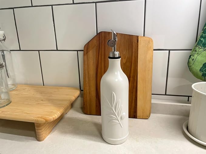 20 Oz Ceramic Olive Oil Dispenser Bottle, with Stainless Steel Spout & Funnel, Ideal for Oil, Vinegar, Coffee Syrup & Liquids (White)-CasaMuseHome