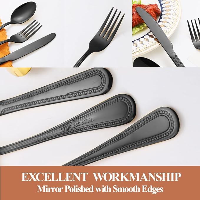 40 Pcs Black Silverware Set for 8 with Pearled Edge Handle design, Food Grade Stainless Steel Flatware Set, Eating Utensils Sets Include Fork/Knife/Spoon, Reusable Cutlery Set, Dishwasher Safe-CasaMuseHome