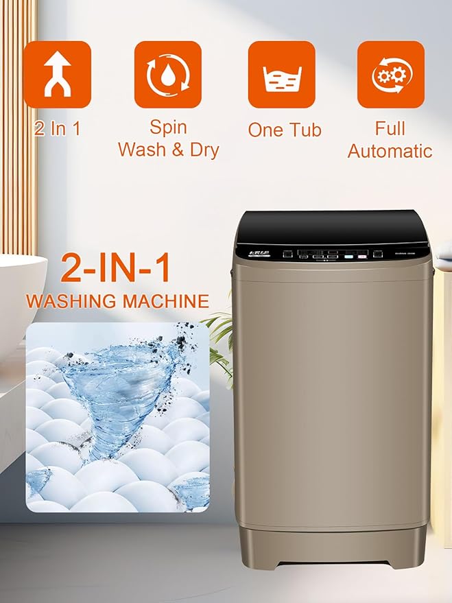17.7 lbs Portable Washer Drain Pump, Full Automatic Washing Machine with LED Display, 10 Programs & 8 Water Levels Selections, Ideal for Camping, Apartment, Dorm, Glod-CasaMuseHome